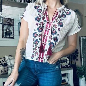 Natural Life Floral Embroidered Crop Top W/ Tassels Size Med Bohemian Blouse